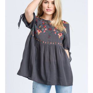 NWT JODIFL Embroidery, Boho, A-Line Top, Grey